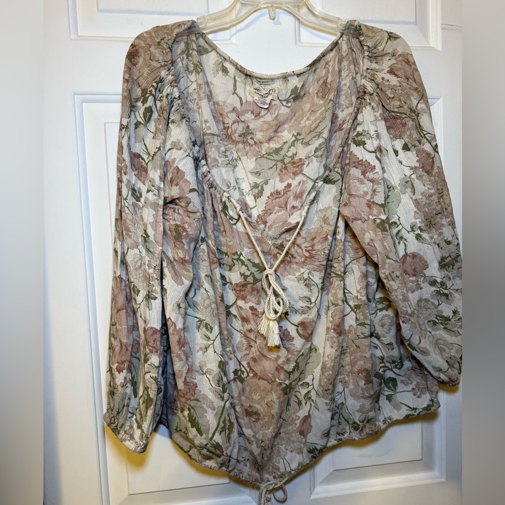 Denim & Supply Ralph Lauren BOHO Floral Peasant Blouse XL Drawstring Tassles